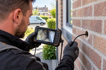 Spouwmuurinspectie met een endoscoopcamera vóór het isoleren Isolatiespecialist inspecteert de spouwmuur van een woning met een endoscoopcamera