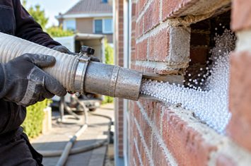 Spouwmuurisolatie met EPS-parels aanbrengen door een isolatiespecialist Isolatiespecialist blaast EPS-parels via een opening in de spouwmuur van een woning