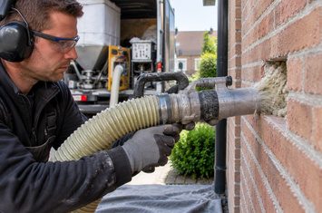 Spouwmuurisolatie aanbrengen met een inblaaspistool en beschermingsmiddelen Isolatiespecialist met veiligheidsbril en gehoorbescherming blaast isolatiemateriaal in de spouwmuur van een woning